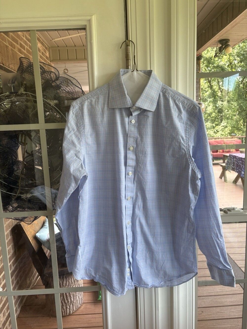 Michael Kors Slim Fit Light Blue and Peach Checked Button Down Shirt- M